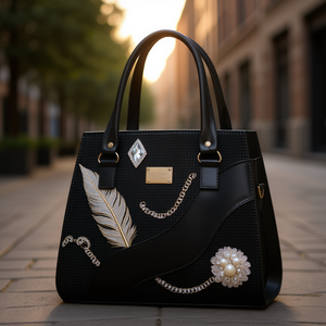 Sac à main en cuir noir pour femme Fana Marian avec broderie de plumes et décorations de perles, élégant sac à main pour un usage quotidien - Product Image 2