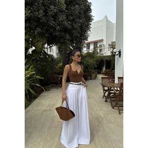 Pantalon cargo blanc Merian à jambes larges, en tissu tissé respirant, coupe ample, taille mi-haute, manches longues, taille XL, couleur unie, imprimé formel - Product Image 3