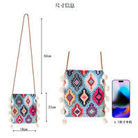 Nouvel Arrivage Sac Téléphone Bandoulière Femme Style Ethnique Tendance Artistique Bohème avec Pompom et Porte-Monnaie à Sangle Unique et Fermeture Magnétique