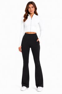 Set da Donna con Felpa Corta Nera con Zip e Pantaloni a Vita Alta a Zampa d'Elefante, Aderente e Traspirante per Tutte le Stagioni - Product Image 3
