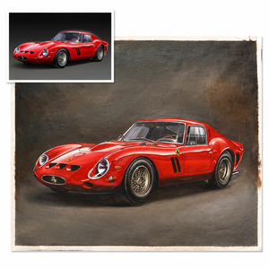 Peinture à l'huile sur mesure artisanale exemplaire, reproduisant une <span class=keywords><strong>photo</strong></span> réaliste d'une voiture rouge, pour la décoration de garage de luxe - Product Image 1
