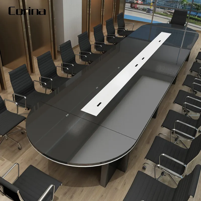 Customized long oval black meeting conference table for 16 people