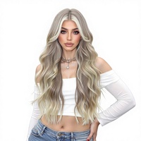 Peluca Sintética Sin Pegamento, Larga, Rubia Ceniza, Ondulada, con Línea de Cabello Natural, Resistente al Calor, con Gorra de Malla Elástica, Venta al por Mayor para Mujeres