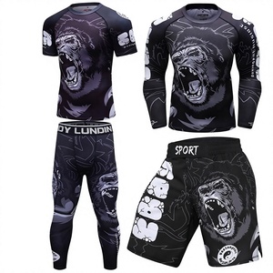 ชุดแรชการ์ด MMA แบบ 2 ชิ้นสำหรับผู้ชาย พิมพ์ลายแบบ Sublimation พร้อมโลโก้ OEM ตามสั่ง เสื้อแขนสั้นรัดรูปสำหรับออกกำลังกาย ชุดยูนิฟอร์มสำหรับฝึกซ้อมและต่อสู้ - Product Image 1