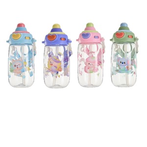 Children's Straw Water Bottle With Push Button Lid Cartoon Design Leak Proof For School Kids <b>Plastic</b> <b>Drinkware</b> - Product Image 2