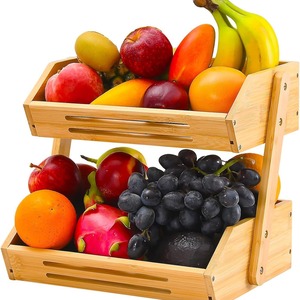 Bamboo Fruit Rack 2 Tier Stackable Foldable Storage Shelf For <b>Kitchen</b> Countertop Display - Product Image 1