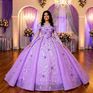 Lsany297 Gorgeous Purple Long Sleeve Folded Collar 3D Floral Leaf Applique Glitter Ball Gown <b>Quinceanera</b> <b>Dress</b> Jancember - Product Image 1