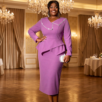 Robes décontractées pour femmes, coupe crayon, asymétriques, col cranté, broderie perlée, grande taille, violettes, manches longues, à volants
