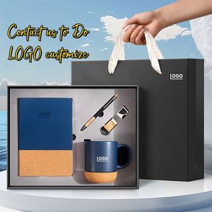 Corporate Gift Set Travel Ceramic <b>Mugs</b> Cork Wooden Base Porcelain Cup Lids Handle Handgrip Pattern Promotional Business Gift Set - Product Image 2