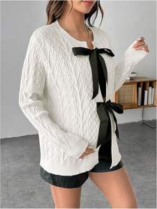 Cardigan de maternité pour femmes tricoté col rond à manches longues <span class=keywords><strong>pull</strong></span> de <span class=keywords><strong>grossesse</strong></span> avant noeud papillon <span class=keywords><strong>pull</strong></span> de Style décontracté pour l'automne - Product Image 3
