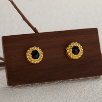 Boucles d'oreilles en argent pur S925 avec pierre d'onyx noire naturelle, pierre précieuse colorée, boucles d'oreilles en cercle torsadé pour femmes, pierres précieuses naturelles