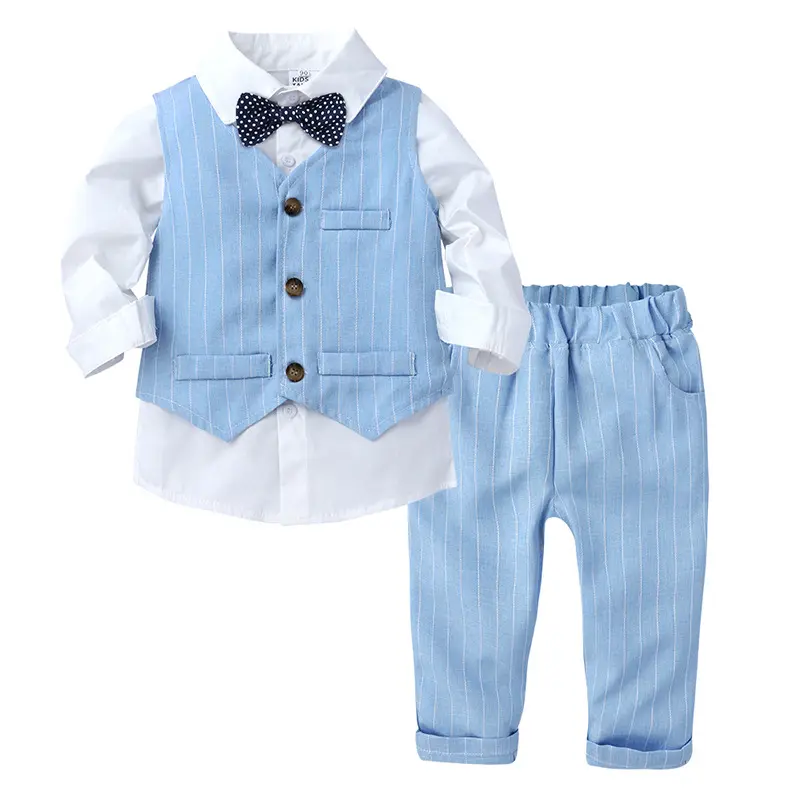 Costume bébé garçon, chemise blanche avec noeud papillon, gilet à rayures, pantalon 3 pièces, tenue formelle de mariage, printemps et automne