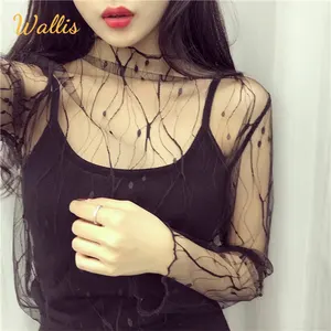 Sexy Harajuku Vrouwen Hemdje Femininas Kanten Gebloemde Mesh Basis Tops Doorschijnende Blouses Coltrui Zwart Lange Mouw T-Shirt