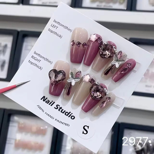 <span class=keywords><strong>Uñas</strong></span> Postizas Francesas Hechas a Mano al por Mayor, <span class=keywords><strong>Uñas</strong></span> <span class=keywords><strong>Acrílicas</strong></span> Personalizadas, Degradado <span class=keywords><strong>Rosa</strong></span>, Purpurina, Estilo Geométrico Aleatorio - Product Image 6