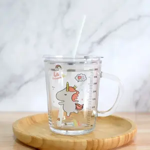 Taza de leche de cristal con dibujos animados para niños, vaso de cristal con asa, cinta impresa, creativa