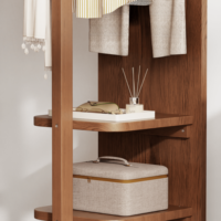 Miroir sur pied pivotant et mobile en bois pleine longueur avec espace de rangement sur roulettes, style moderne et épuré pour chambre à coucher CYJ023