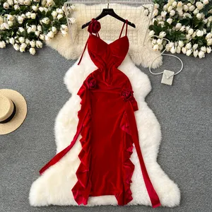 Women's Sexy Dress French Style Vintage Dresses Velvet Party Summer Heavy Industry Flower Slit Formal Dress