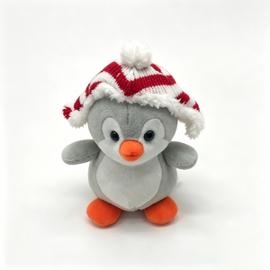 Customized Penguin plush toy, winter penguin stuffed animal, cute gray penguin plush with red knit hat, festive <b>holiday</b> penguin - Product Image 1