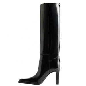 Bottines longues à effet miroir pour femmes, bottes hautes noires brillantes, chaussures à bout pointu, petits talons épais, design unique - Product Image 5