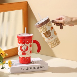 <b>Cute</b> Cartoon Ceramic Tumbler With Straw And Lid 550ml For Cold /Hot Drinks - Product Image 2