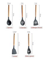 Ensemble d'accessoires de cuisine 5 pièces en bois d'acacia avec spatule et louche en silicone, essentiels pour la cuisine, compatibles lave-vaisselle