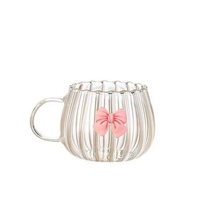 Schleifenknoten Hitzebeständige Glas-Tasse mit Niedlichem Großen Bauch und Vertikalen Streifen, Modische Einfache Kaffeetasse für Zuhause, Kürbis-Milchtee-Tasse - Product Image 5