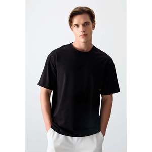 T-shirt basique pour homme Air Jones en coton noir épais et doux, coupe ample, pour un usage quotidien décontracté, modèle 88377 - Product Image 1