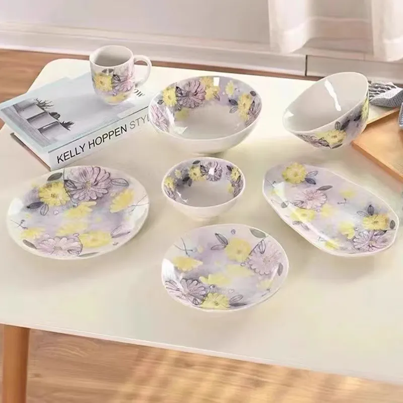 磁器ボウル家庭用セラミック食器ディナープレートマグ不規則なフードトレイエンボス加工の花ケーキ皿大きなスープ製品