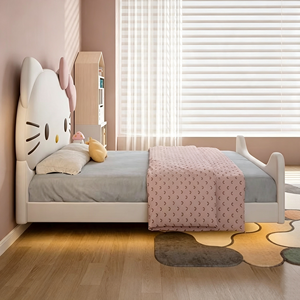 Tempat Tidur Anak Berlapis Kain Motif Kucing Lucu, Tempat Tidur Anak Perempuan dari Kayu Solid dan Kulit untuk Kamar Tidur - Product Image 3