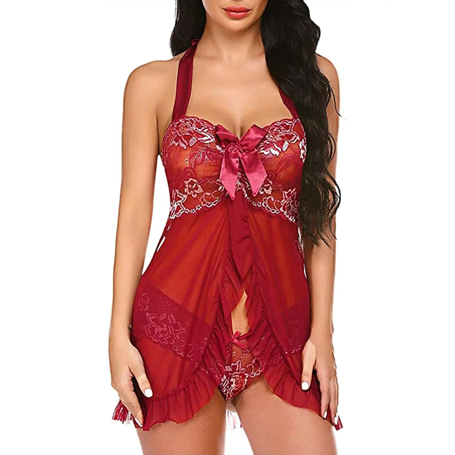 Mesh Babydoll Lingerie Womens Lace Bow Halter Chemises See Through Nightgown Solid Loose Sleepwear