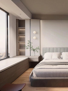 Meuble de rangement sur mesure pour <span class=keywords><strong>baie</strong></span> <span class=keywords><strong>vitrée</strong></span> <span class=keywords><strong>avec</strong></span> bureau flottant et éclairage LED pour chambre à coucher - Product Image 3
