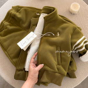 Children's Fleece Lined Winter Set Thickened Jacket Pants Windproof With Label Boys Girls Outwear - Product Image 1