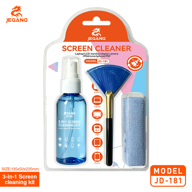 JEQANG JD-181 Screen Cleaning Kit Wide Fan Shape Soft Dust Brush 100ml Anti-static Cleanser Spray PVC Microfiber Cloth