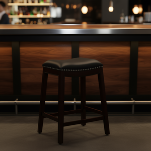 Tabouret de bar 24 pouces, finition expresso, siège en cuir noir, structure en bois, design traditionnel, mobilier de bar, usage commercial - Product Image 2