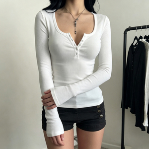 Camiseta básica informal de manga larga para mujer, de color liso, con botones en la parte delantera, elástica y ajustada - Product Image 5
