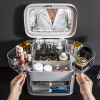 Miroir de maquillage éclairé par LED avec boîte à cosmétiques Porte-rouge à lèvres et étagères à bijoux pour le stockage des produits de soins de la peau