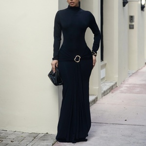 เดรสยาวทรงเข้ารูปสีพื้นเรียบง่าย ดีไซน์ใหม่สำหรับผู้หญิง แขนยาว จับจีบช่วงสะโพก เหมาะสำหรับงานปาร์ตี้ - Product Image 2