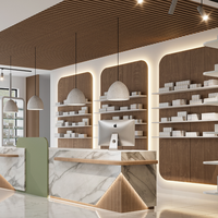 Design d'intérieur de pharmacie naturelle moderne Support double face avec peinture verte personnalisée Étagères de présentation perdues en bois