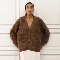 TENGYU-Cardigan tricoté épais en cachemire, alpaga, pour femmes, manteau brun, surdimensionné, chandail chaud Mohair