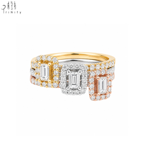 ซัพพลายเออร์ฮ่องกง แหวนเพชรทรงบาแก็ตต์ทองคำแท้ 18K ยอดนิยม ดีไซน์ซ้อนกันได้ ชุดแหวน 3 in 1 สำหรับหมั้น - Product Image 1
