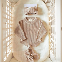 Kaiyue-Barboteuse bleue en tricot côtelé à manches longues pour nouveau-né, tenue d'annonce de naissance, ensemble de barboteuses avec nom et broderie