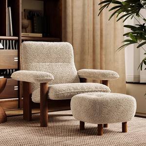 Hotel Lounge Chair Solid Wood Oak Cream Lamb Wool Upholstery Indoor Study Room Chair - Product Image 4