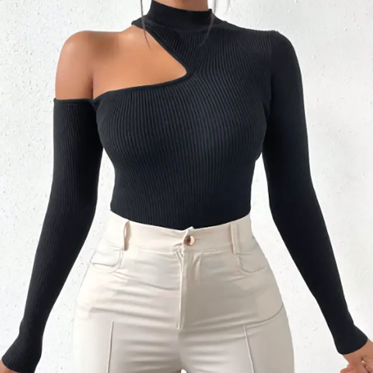 Sexy Slim Fit Effen Kleur Damespatroon Lente Lange Mouw Shirt Uitgehold Crop Tops Voor Dames