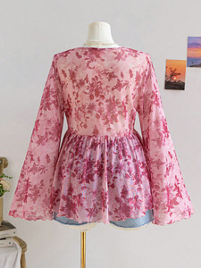 Women's Floral Print Tie Front Blouse - V-Neck Sleeve Peplum <b>Top</b> Shirt Fashion - Product Image 6