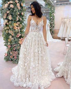 Robe de mariée en dentelle 3D pour femmes, bretelles Spaghetti, appliques en dentelle, robe trapèze, collection <span class=keywords><strong>2022</strong></span> - Product Image 2