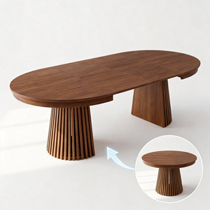 Tavolo da Pranzo di Lusso in <span class=keywords><strong>Legno</strong></span> Allungabile da Rotondo a Ovale con Base a Colonna Scanalata, Set di Mobili da Cucina Moderni e Minimalisti con 4 Sedie, 6 Posti - Product Image 2
