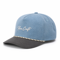 Casquette de baseball 5 panneaux personnalisée en velours côtelé brodé, visière incurvée bicolore, réglable avec fermeture snapback, style vintage streetwear OEM