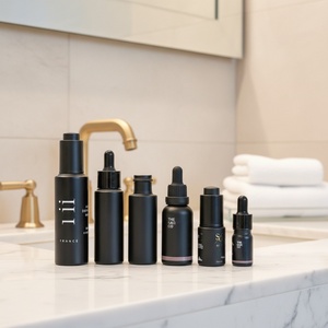 ขวดแก้วสีม่วงสำหรับเครื่องสำอาง พิมพ์โลโก้ด้วยผ้าไหม ออกแบบได้ตามต้องการ ขนาด 30 มล. 50 มล. ขวดหยดสีดำป้องกันรังสียูวี - Product Image 1