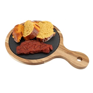 Assiette ronde en bois d'acacia avec poignée pour pizza sushi steak cuisine occidentale noire plats et assiettes de <span class=keywords><strong>barbecue</strong></span> assiette en bois - Product Image 3