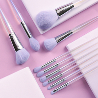 Ensemble de 10 pinceaux de maquillage en cristal transparent violet avec manche en diamant, sac en PU, forme plate, logo personnalisé, pinceau correcteur pour le visage, cosmétique